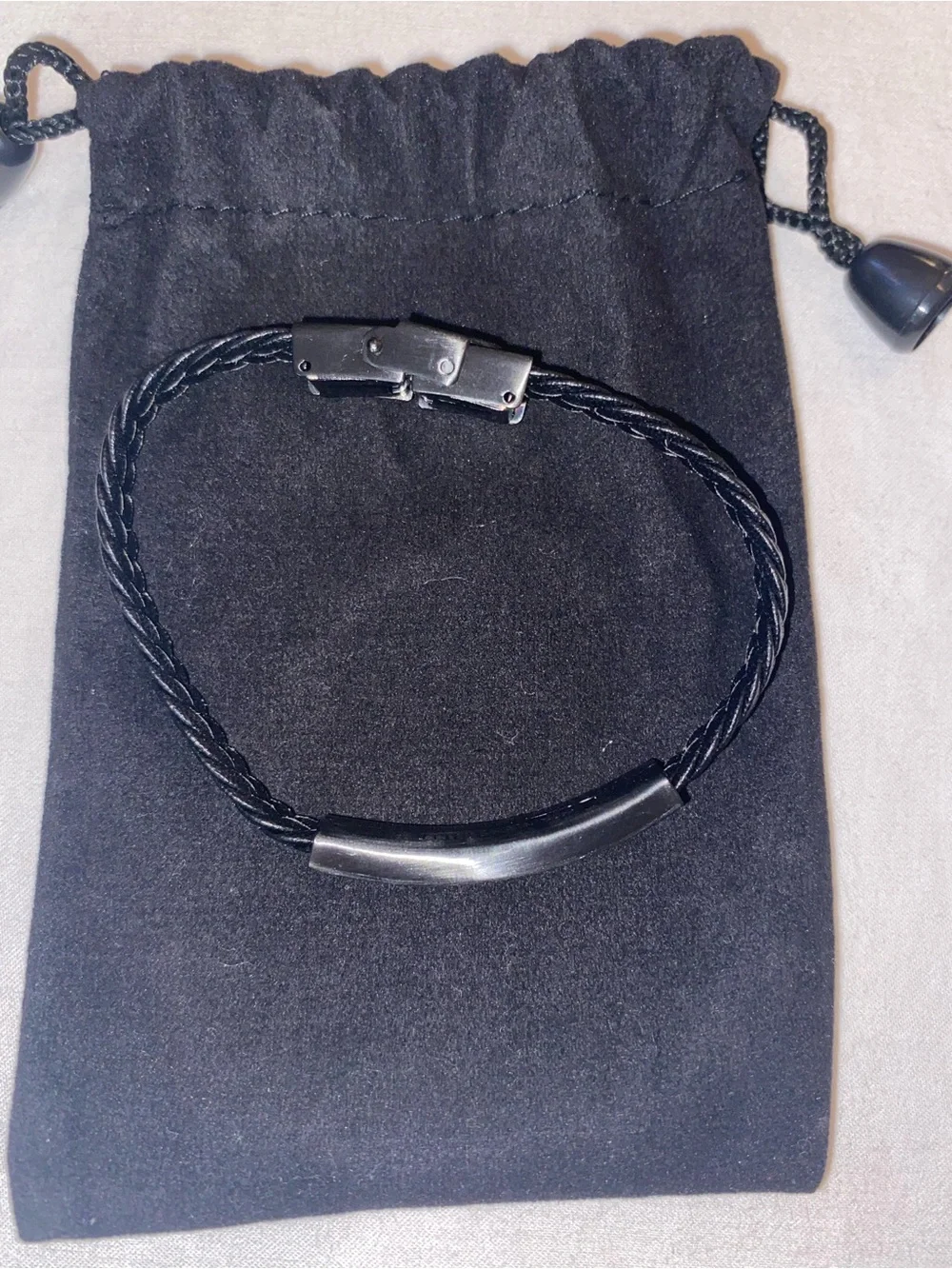 Men's Black Braided Leather ID Bracelet - Sleek Minimalist Style